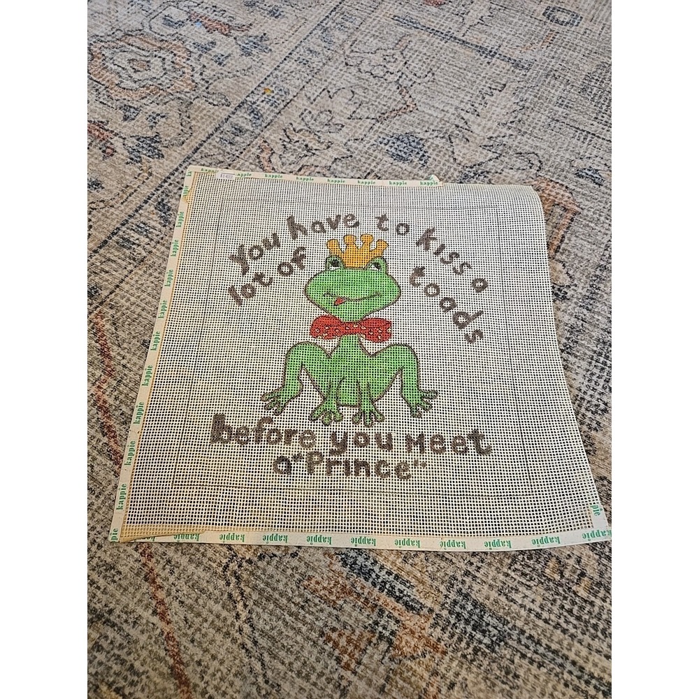 Vintage Kappie Needlepoint Canvas Hand Painted Frog Prince Kiss Toads 12x11.5